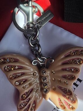 Coach Beige and Pink Butterfly Crystal Charm Keyring